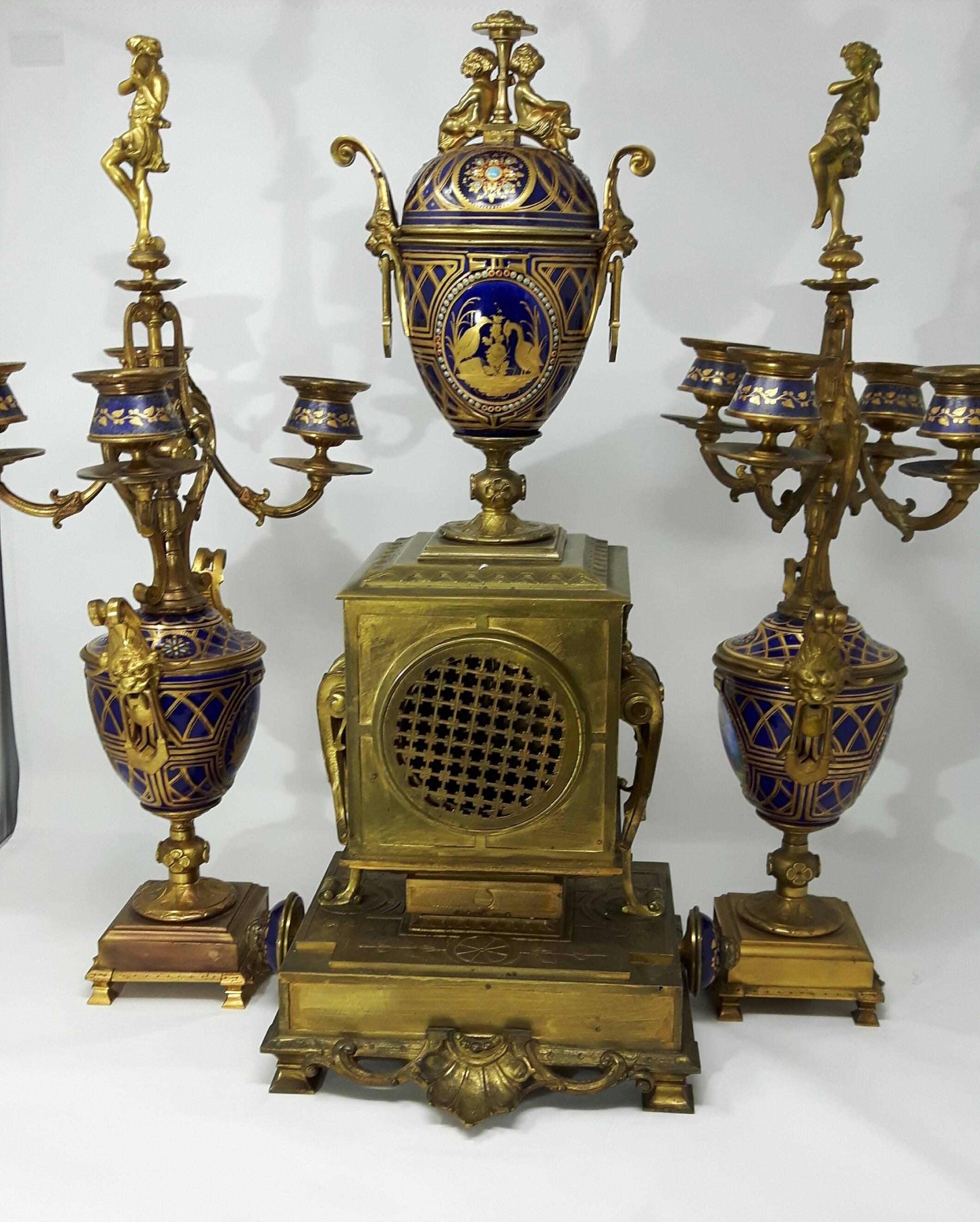 Cast 19th Century French Provincial Three-Piece Jeweled Clock Set