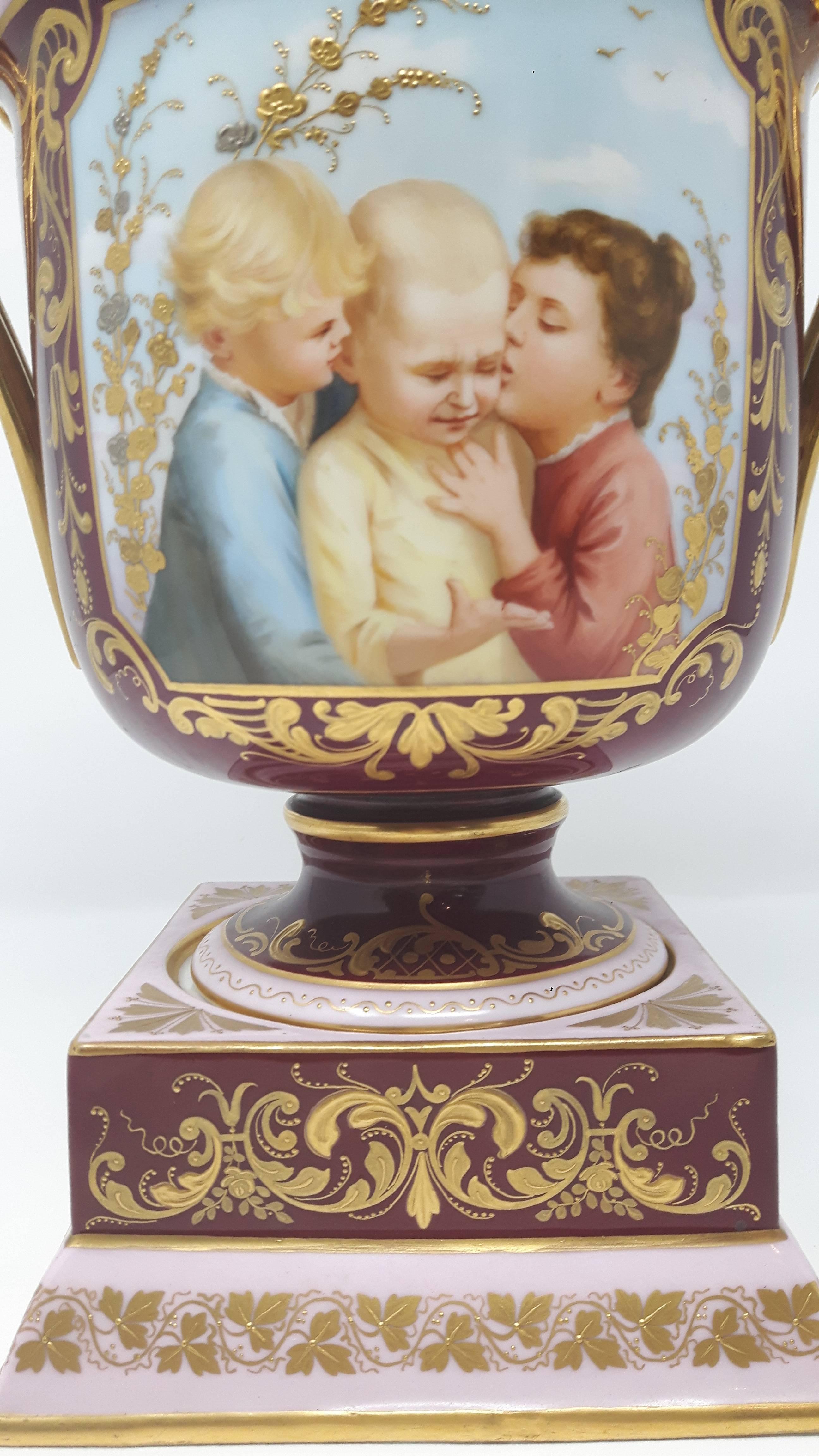 Glazed Pair of 19th Century Finely Painted Vienna Vases with Gilt Borders, circa 1880 For Sale