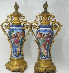 Pair of 18th Century Chinese Export Mandarin Vases, circa 1750