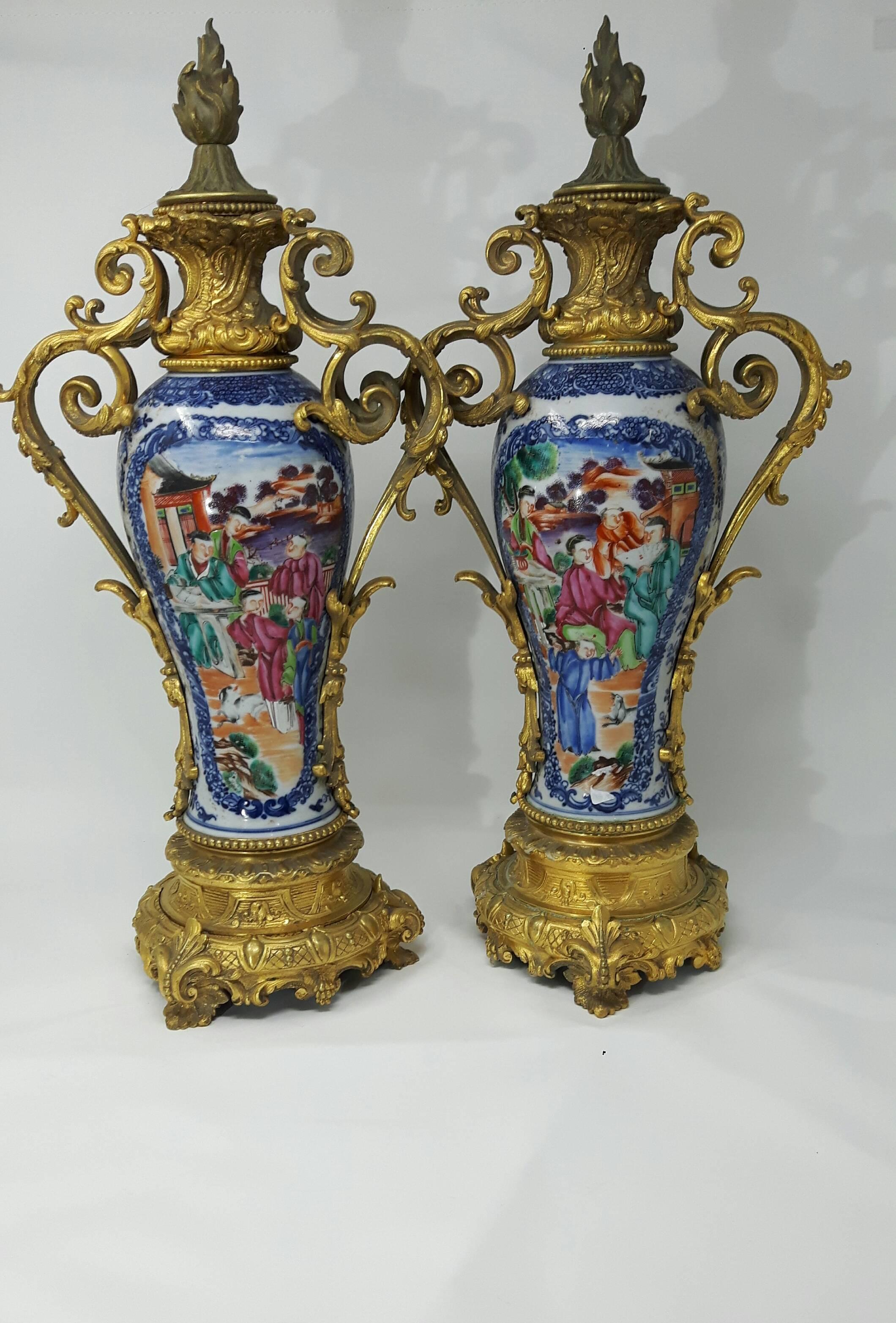 Cast Pair of 18th Century Chinese Export Mandarin Vases, circa 1750