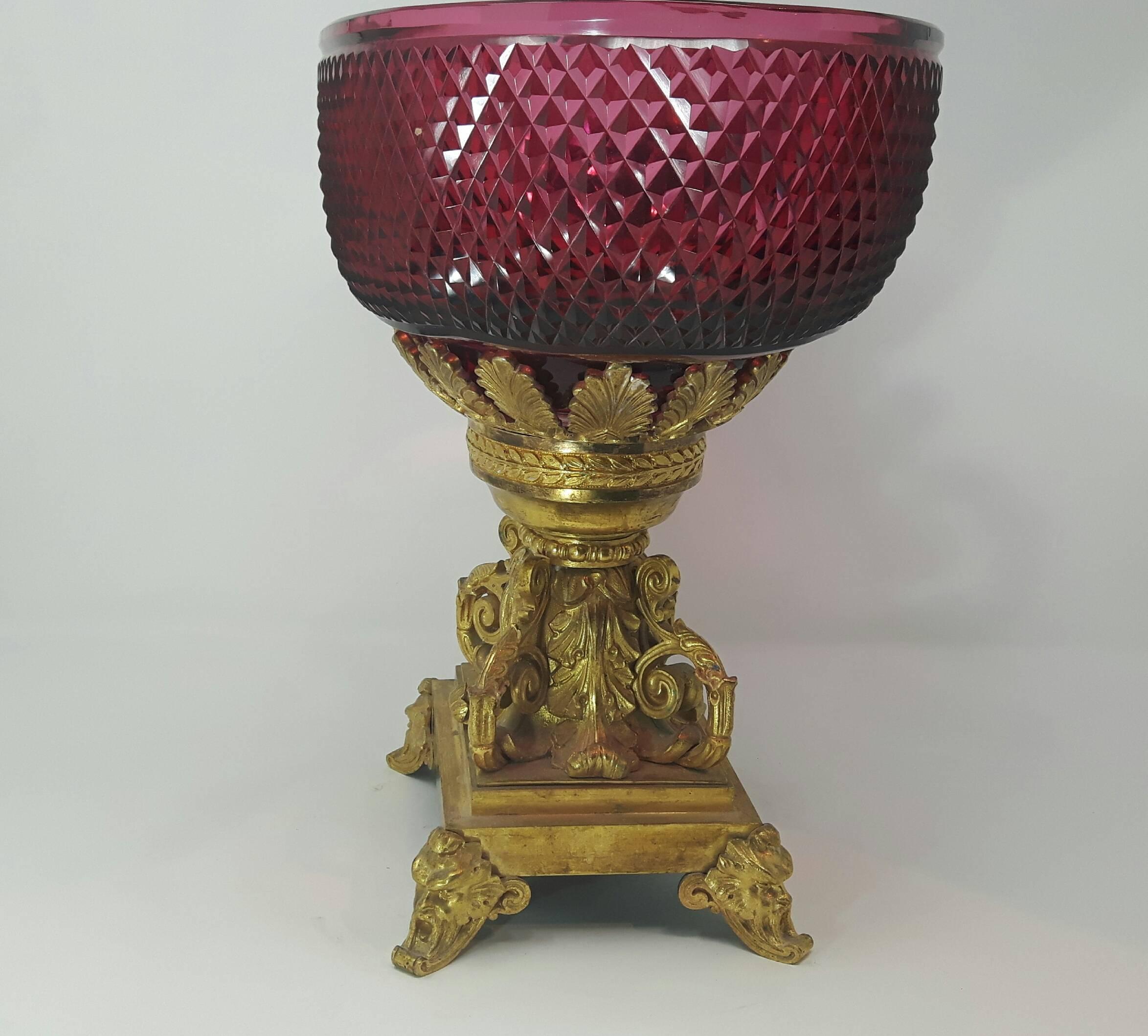 A fine hand-cut ruby red crystal and gilt bronze center piece.