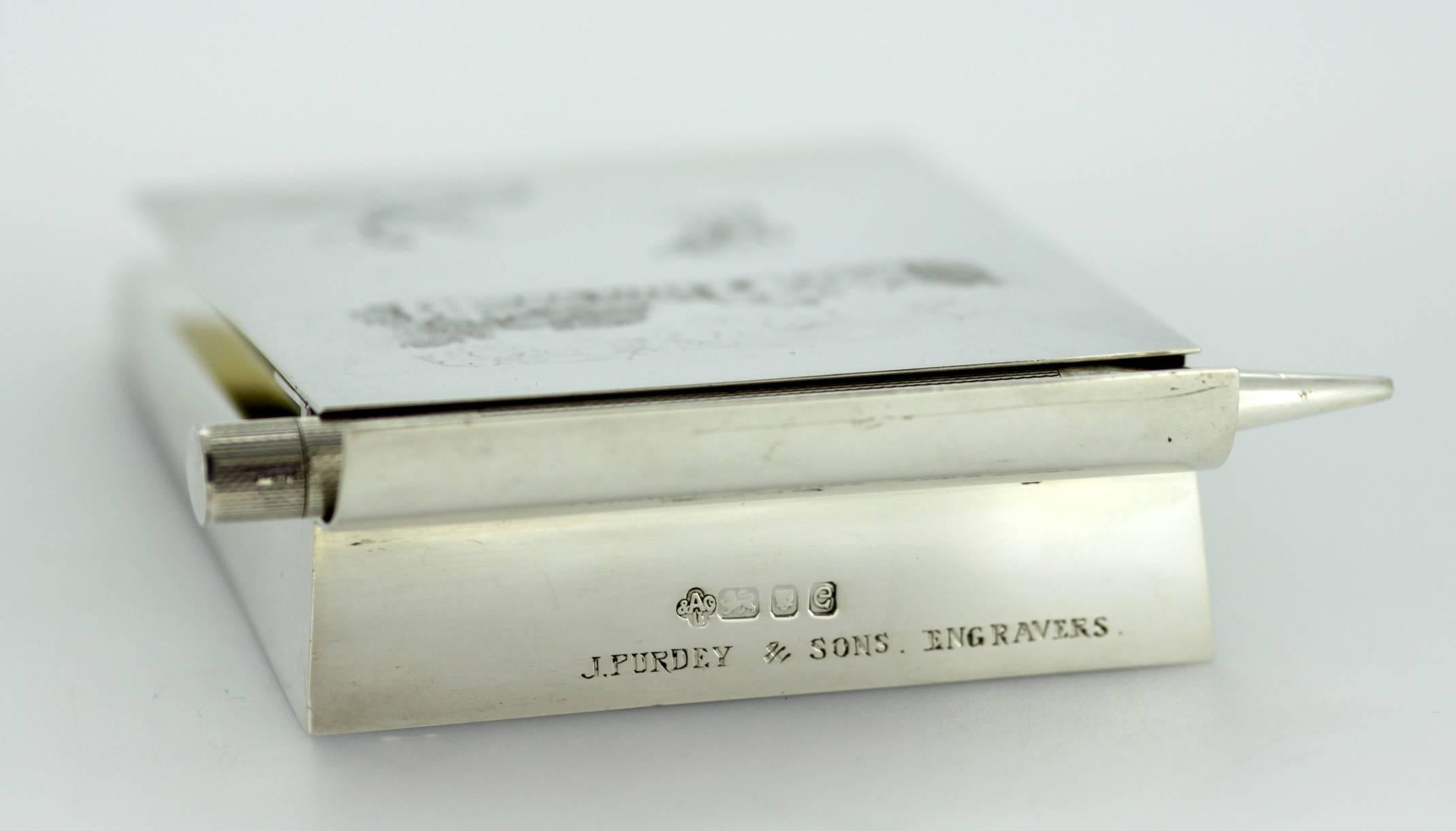Solid silver notepad and pen, made by Asprey & Co engraved by J.Purdey & Sons (Gun Makers), London, 1960

Solid silver notepad and pen
Made in: London 1960
Maker: Asprey & Co - engraved By J.Purdey & Sons
Fully