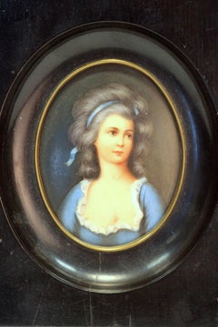 Antique Miniature Portrait on Porcelain in Wooden Frame, France, circa 1830s