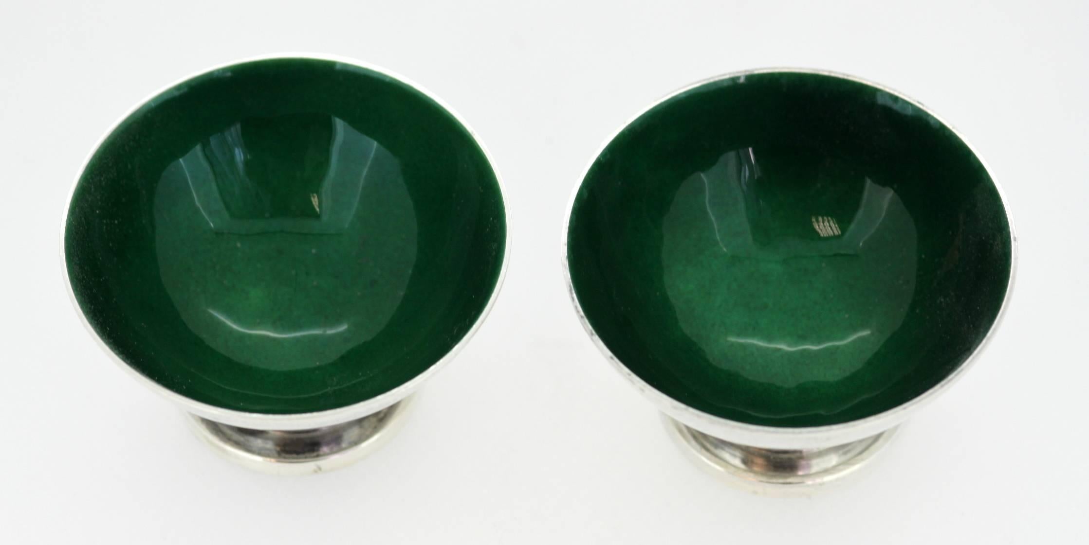 American George Jensen, USA, Sterling Silver and Green Enamel Pair of Egg Holders, 1980s