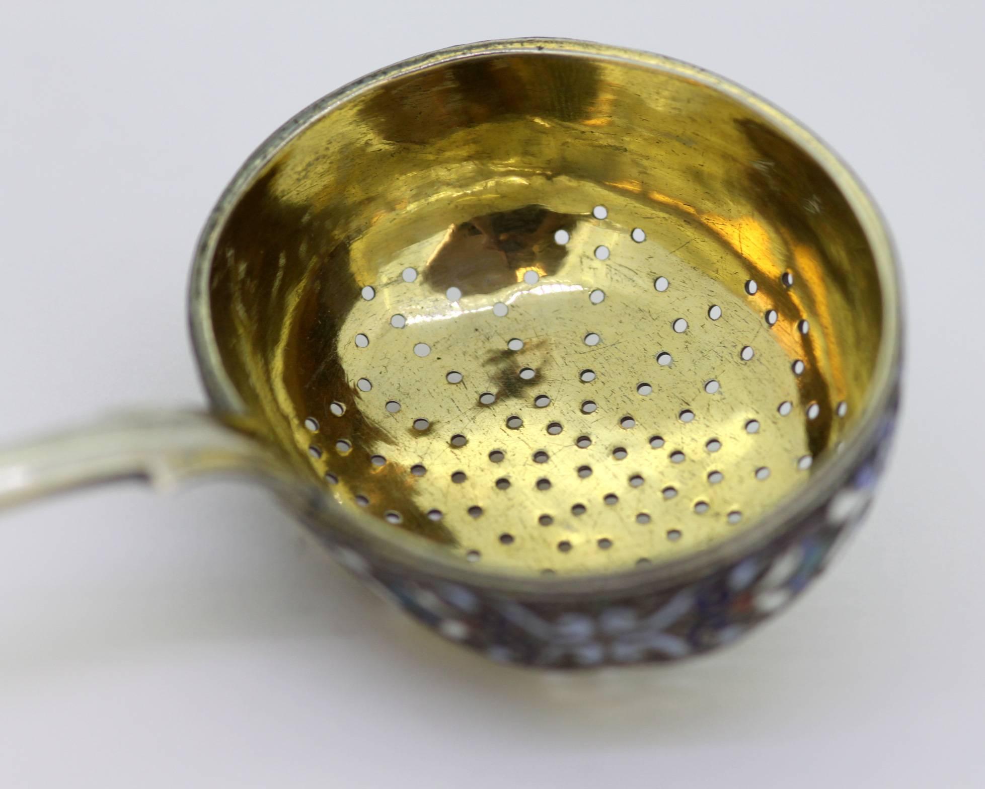 Late 19th Century Antique Russian Silver and Enamel Tea Strainer, St. Petersburg, 1890