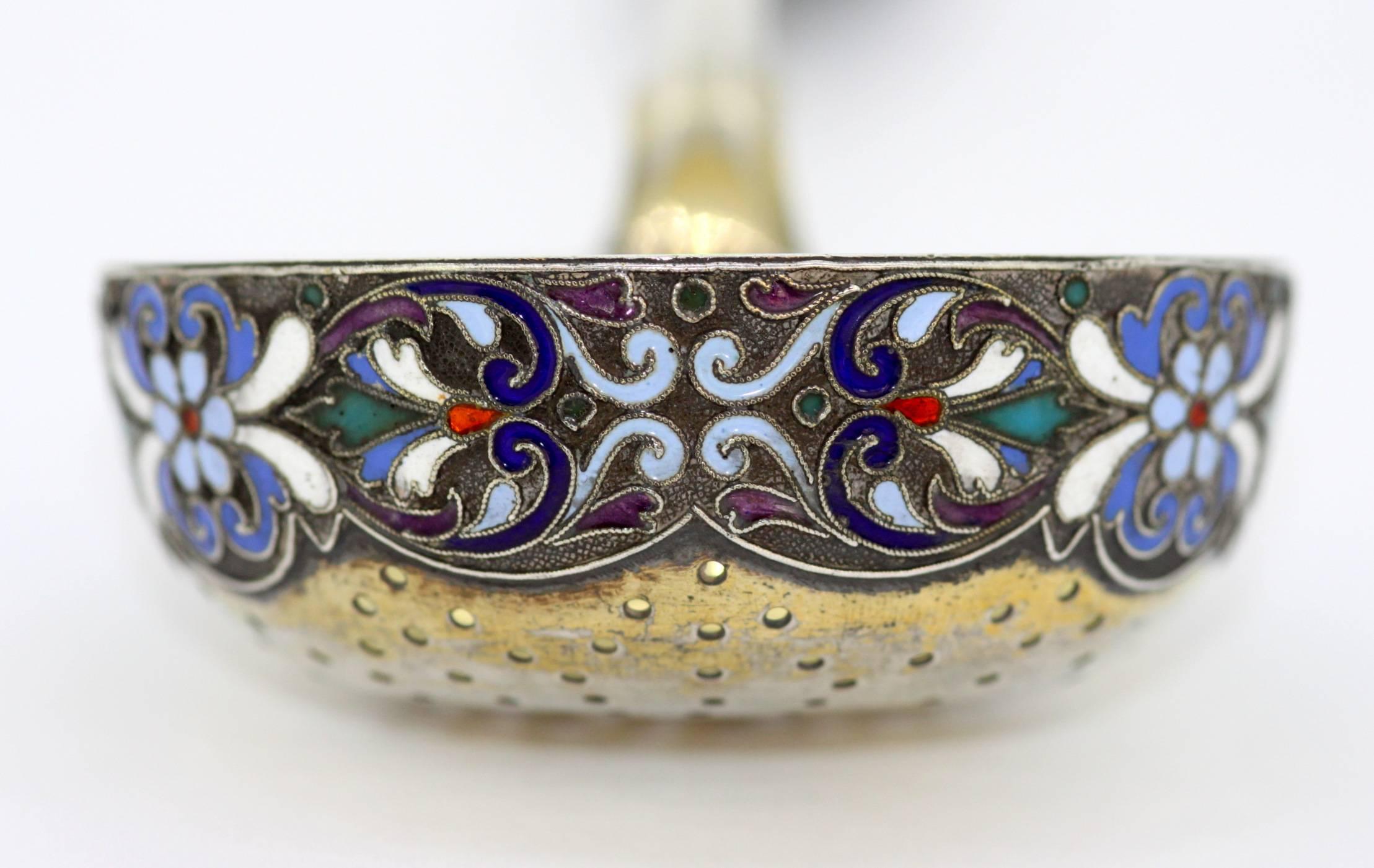 Antique Russian Silver and Enamel Tea Strainer, St. Petersburg, 1890 1