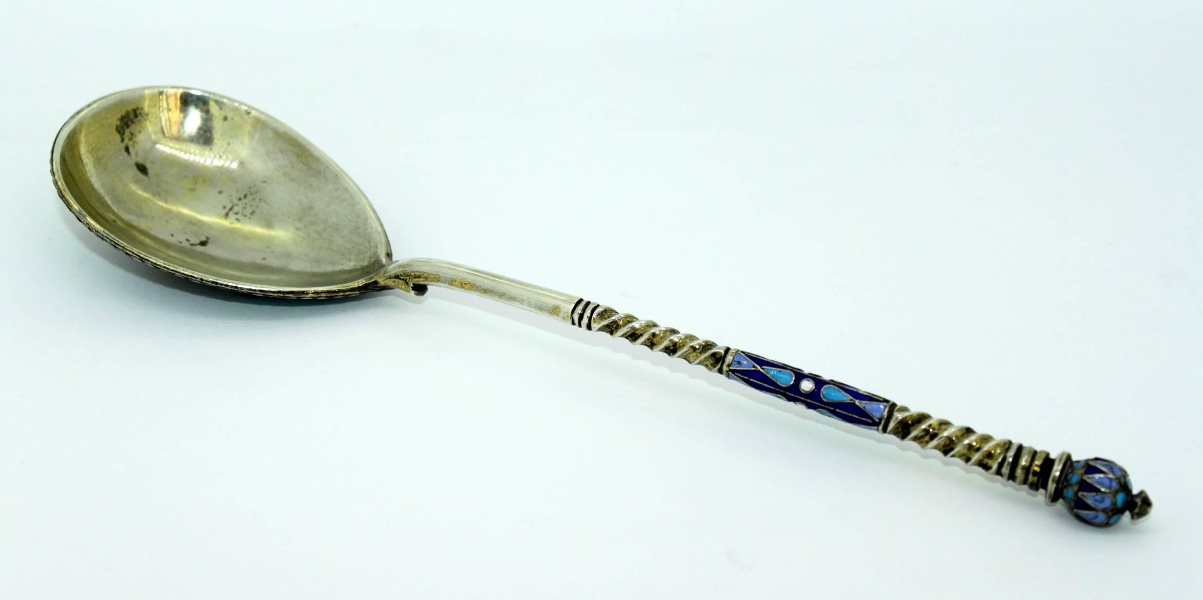 Early 20th Century Antique Russian Silver and Enamel Spoon, Moscow by Vasily Andreyev, circa 1900