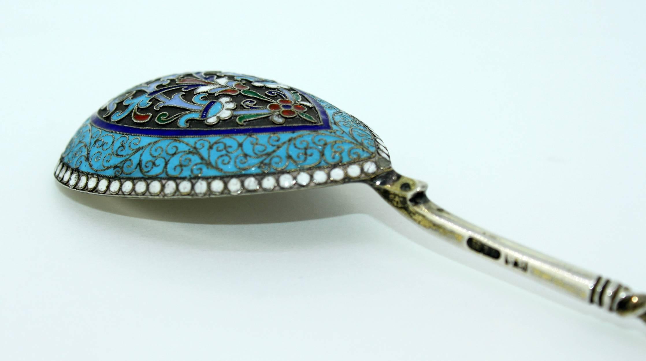Antique Russian Silver and Enamel Spoon, Moscow by Vasily Andreyev, circa 1900 In Excellent Condition In Braintree, GB