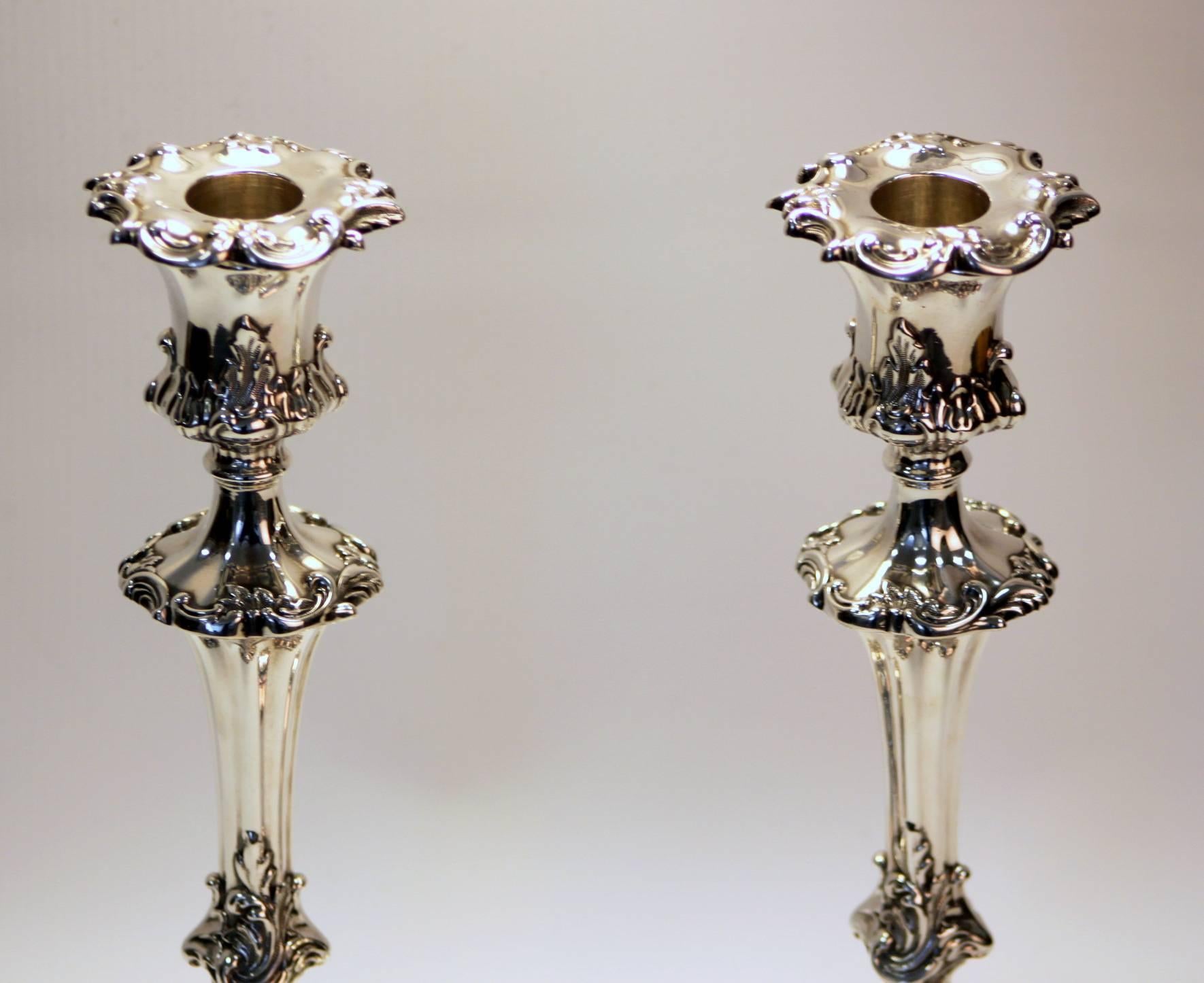 British Victorian Filled Silver Candlesticks with Floral Engravings, Sheffield, 1840