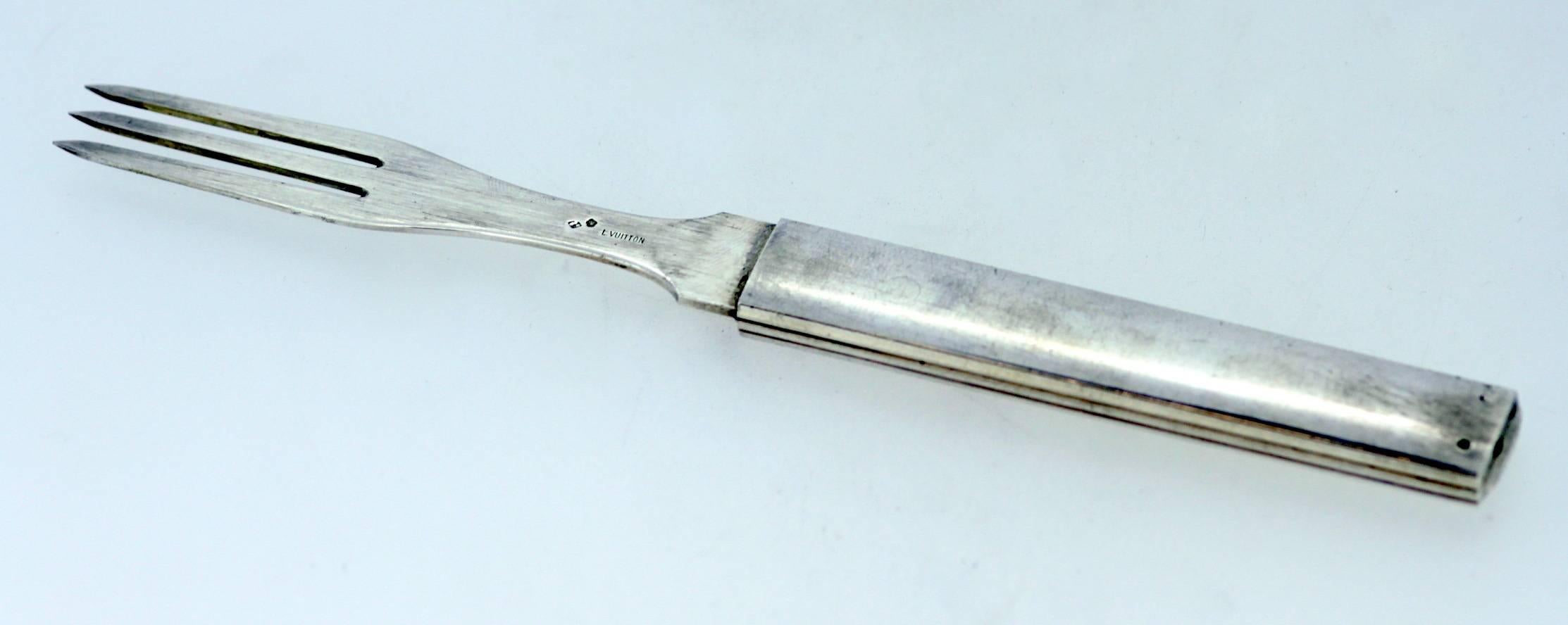 Louis Vuitton silver travelling knife and fork travelling kit - France C.1940 In Good Condition In Braintree, GB