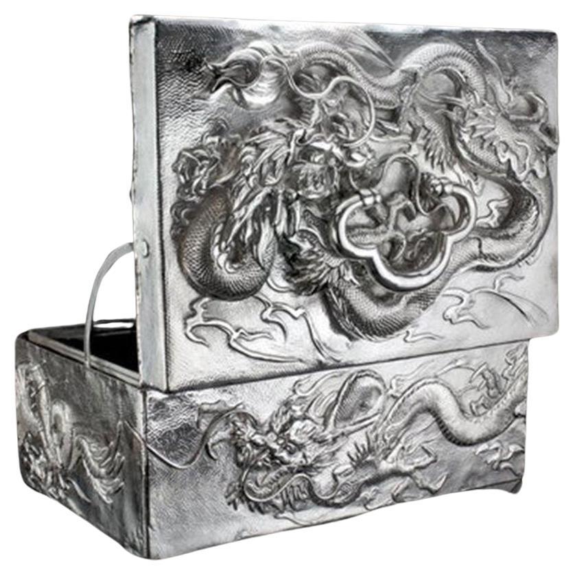 Meiji Antique Large Rectangular Japanese Silver Cigar Box Decorated with Dragons For Sale