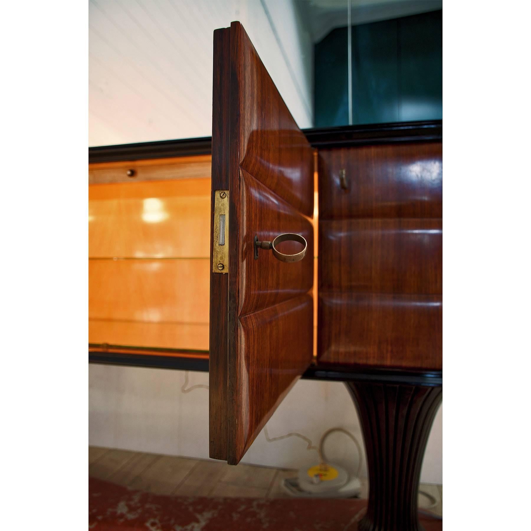 Glass Italian Rosewood Sideboard with mirror and black Opaline by Dassi, 1950s