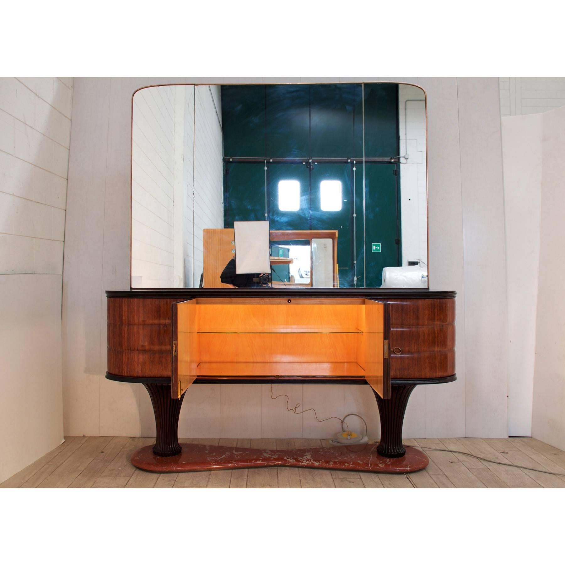 Embossed Italian Rosewood Sideboard with mirror and black Opaline by Dassi, 1950s