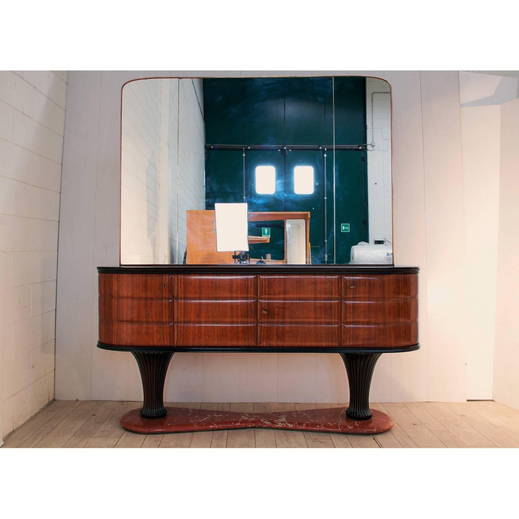 Mid-Century Modern Italian Rosewood Sideboard with mirror and black Opaline by Dassi, 1950s