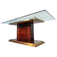 Table de salle à manger italienne moderne du milieu du siècle dernier en verre épais et racine de noyer, 1970