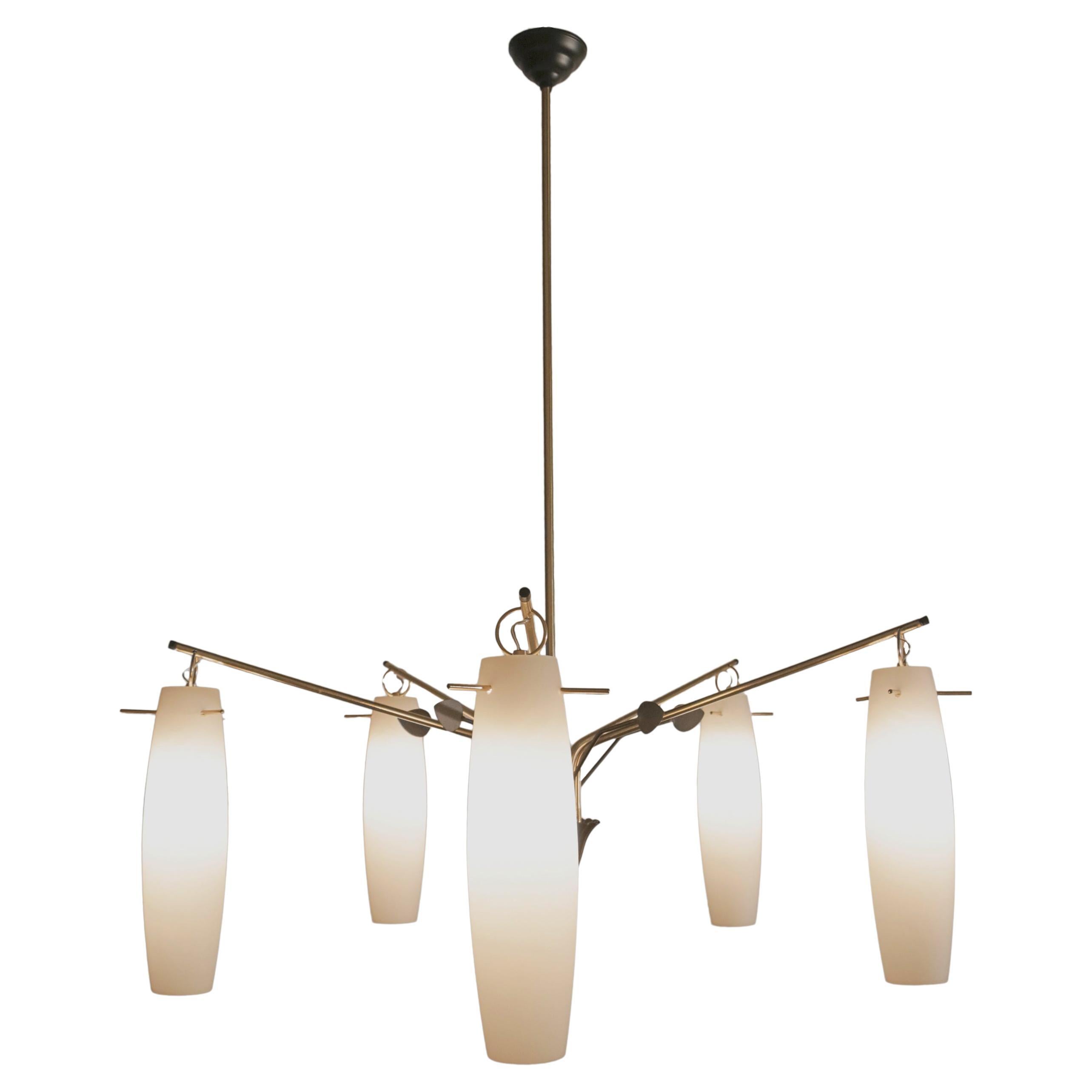 Italian mid-century large chandelier in polished brass, black-painted aluminium with opal glasses, attributed to Stilnovo Fashion House, from the 1960s. The restoration was made with great care by a specialized craftsman to bring back this piece's