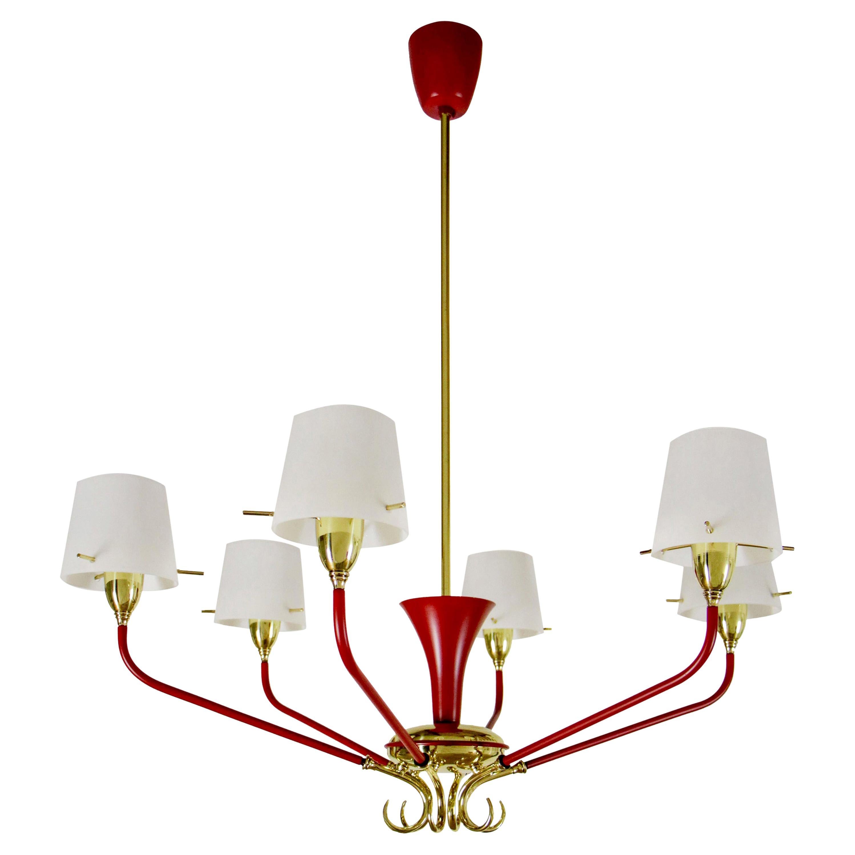 Italian Mid-Century Red Gold Six Lights Chandelier Attributed to Stilnovo, 1950s For Sale