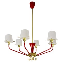 Italian Mid-Century Red Gold Six Lights Chandelier Attributed to Stilnovo, 1950s