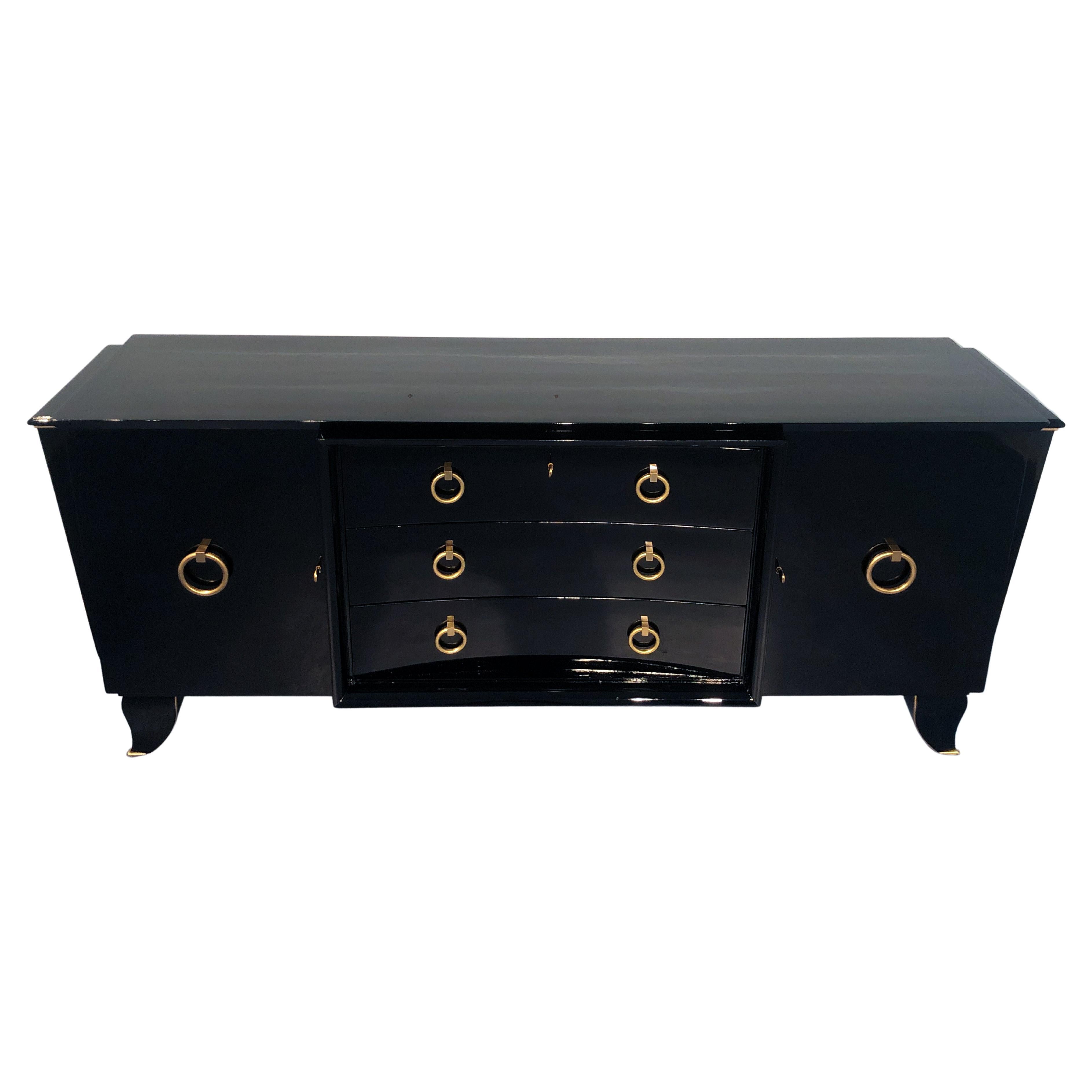 French Art Deco Black Lacquered Mahogany Sideboard, 1940s In Good Condition In Traversetolo, IT