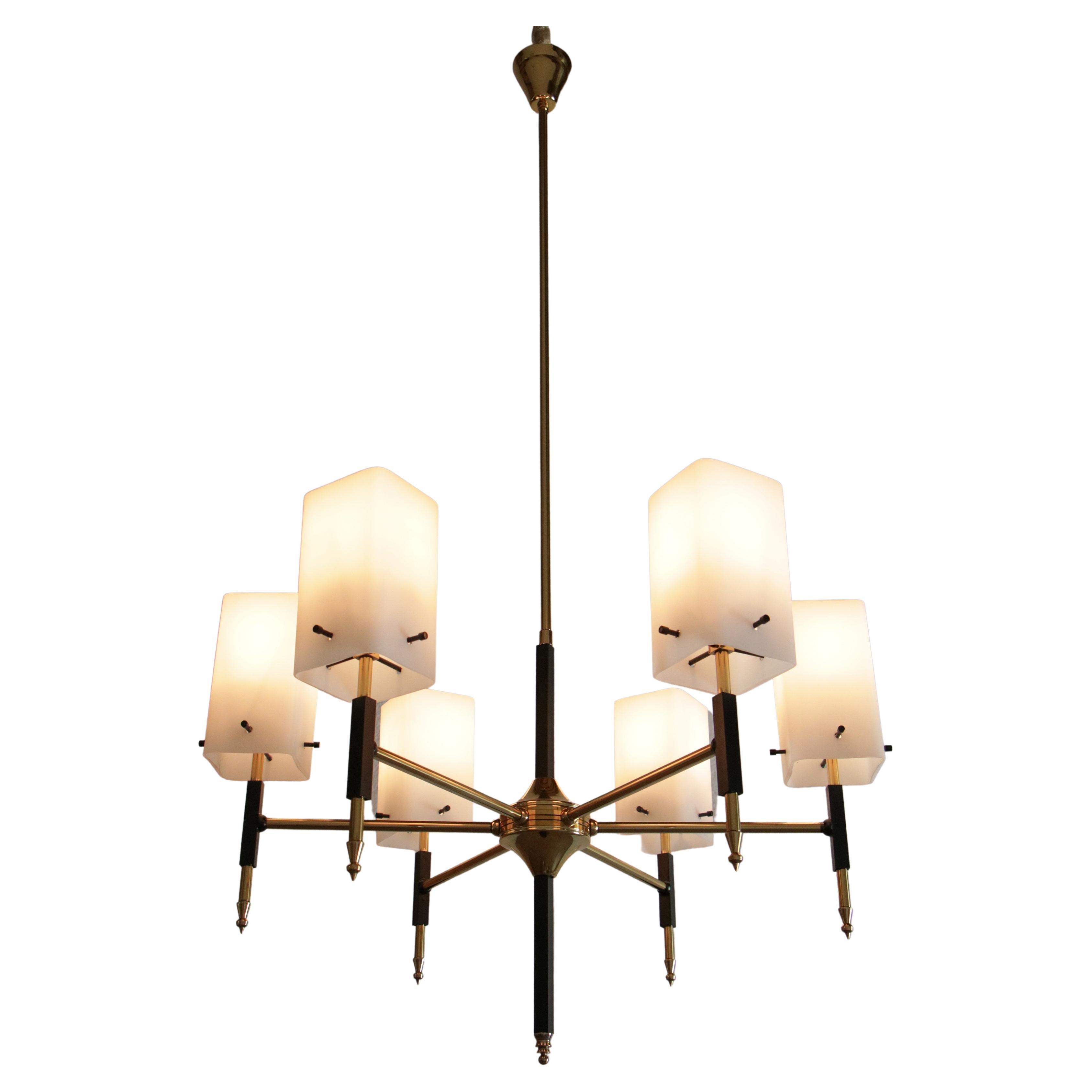 Italian Mid-Century Modern Chandelier Six Lights Coated Glass, 1950s