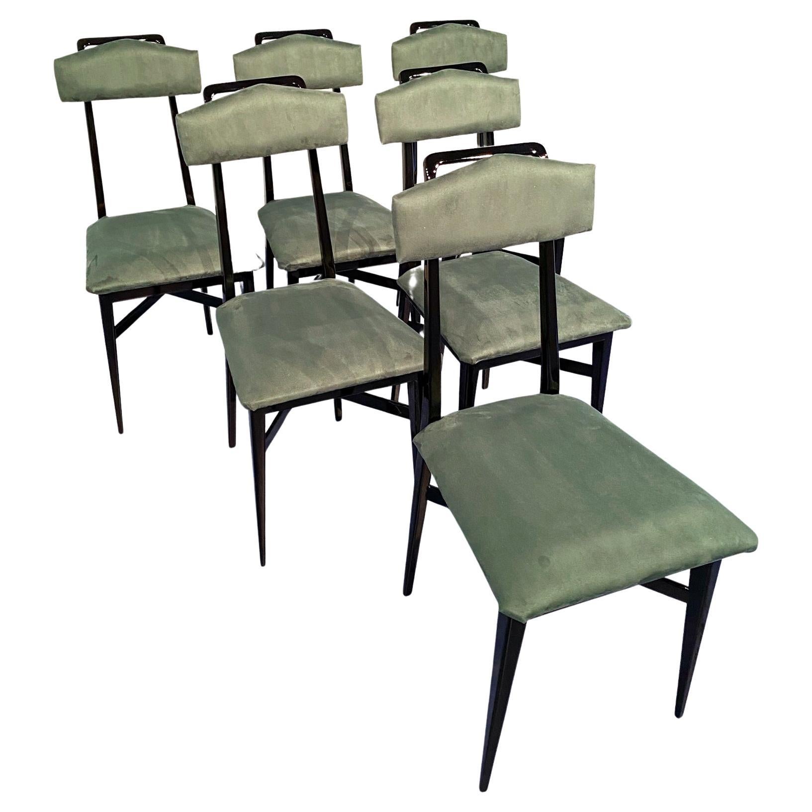 Italian Mid-Century Black and Green Color Dining Chairs, Set of Six, 1950s