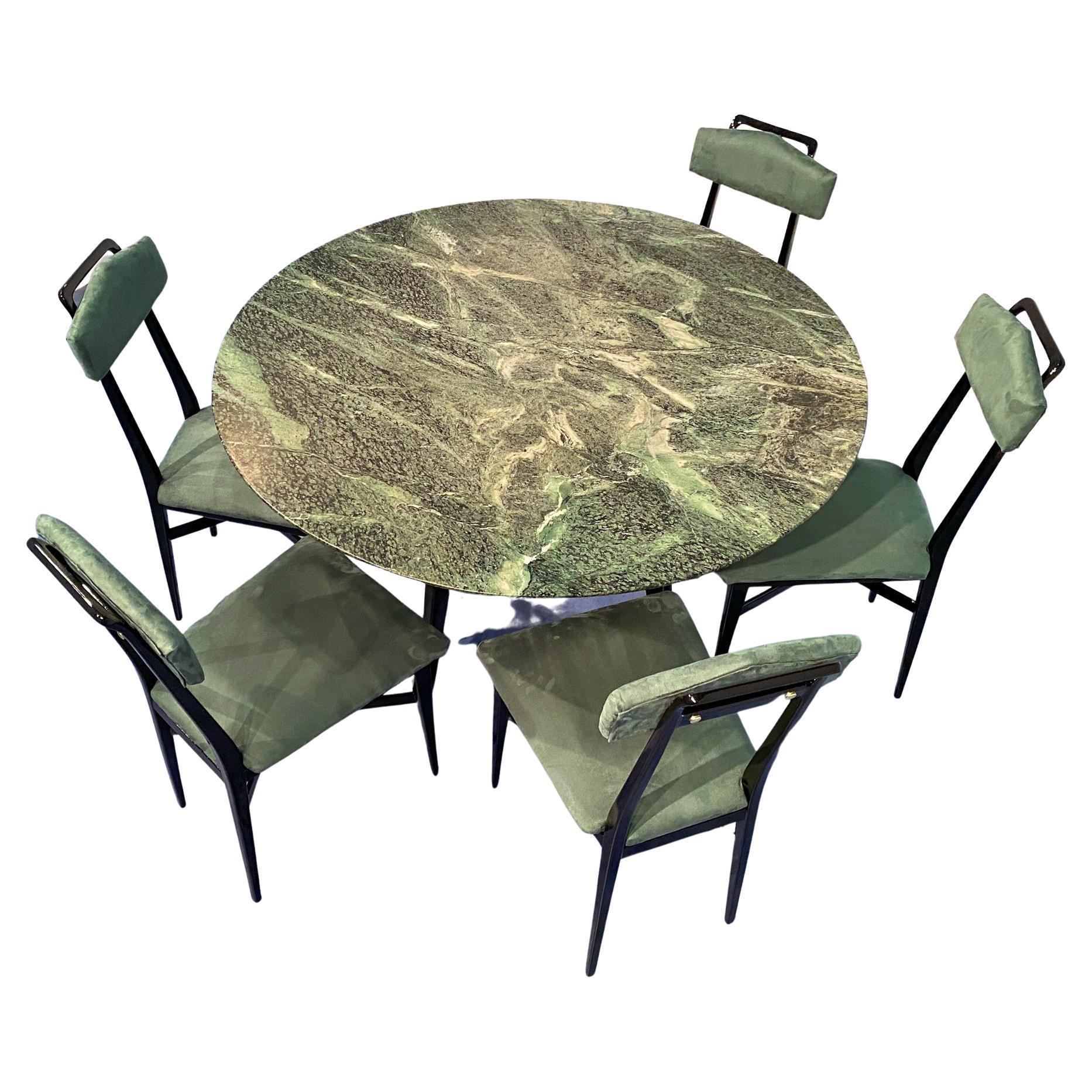 Italian Midcentury Dining Room Set Green Marble Table and Chairs, by Dassi  1950s