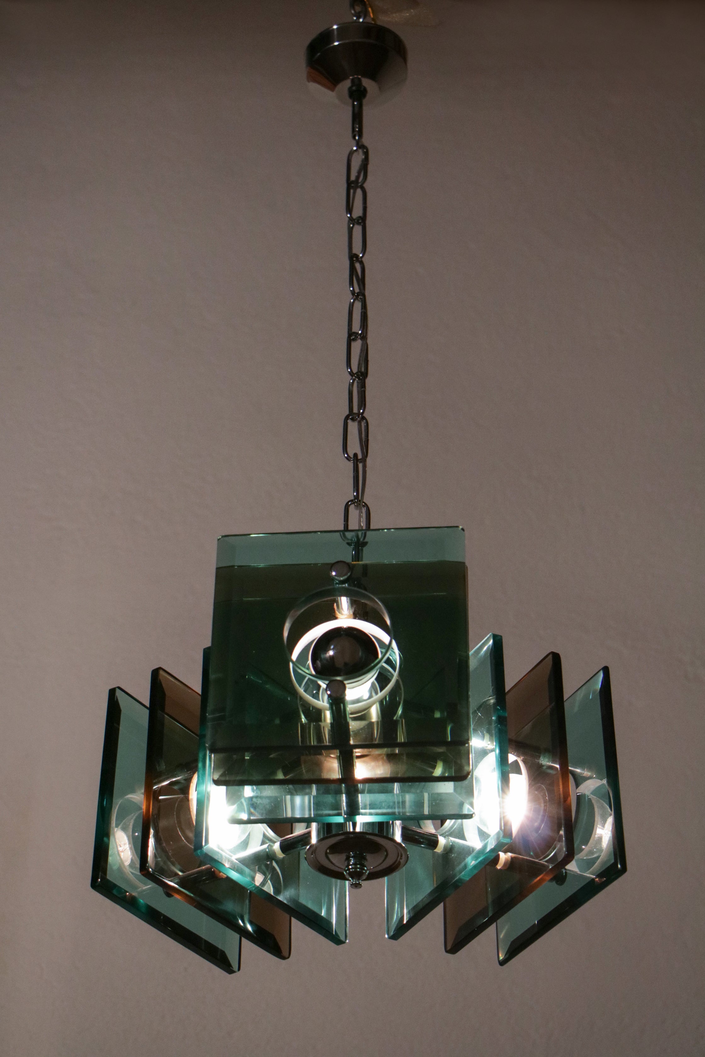 Italian Space Age Square Green Color Chandelier by Lupi Cristal Luxor, 1950s