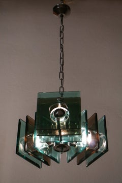 Italian Space Age Square Green Color Chandelier by Lupi Cristal Luxor, 1950s