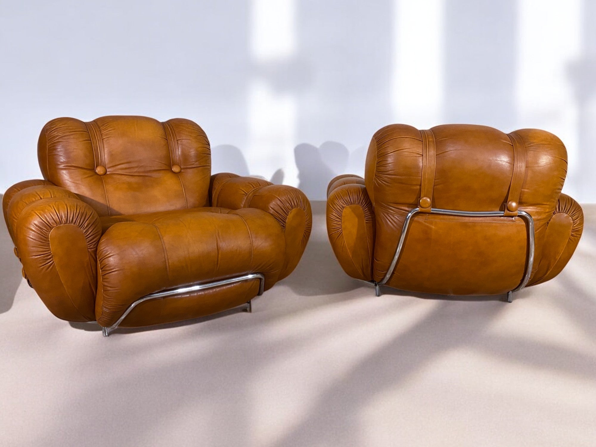 Italian Mid-Century Natural Leather Space Age Armchairs, 1970s