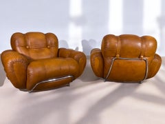 Italian Mid-Century Natural Leather Space Age Armchairs, 1970s