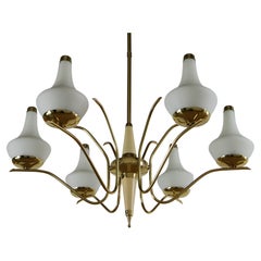 Italian Midcentury Six Lights Gold and Ivory Chandelier Attributed to Stilnovo
