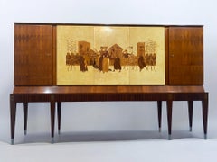 Credenza Italiana in pergamena intarsiata disegnata da Paolo Buffa nel 1950
