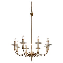 Lampadario italiano del MidCentury, 8 luci, oro, colore avorio, stile Fontana Arte
