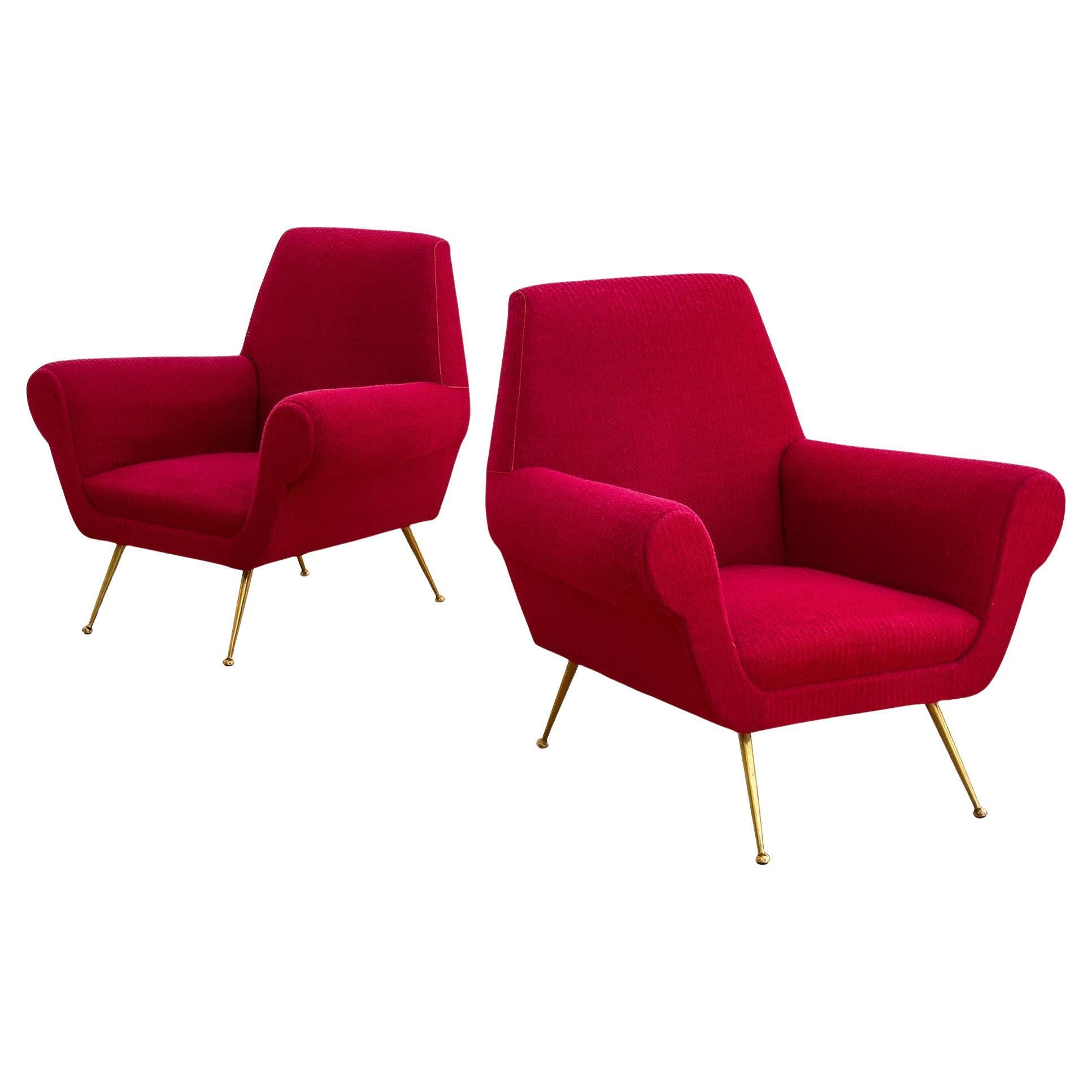 Paire de fauteuils rouges italiens du milieu du siècle par Gigi Radice, années 1950
