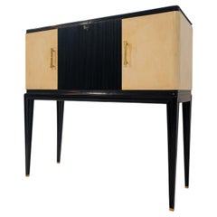 Italian Midcentury Black Lacquered Parchment Cabinet Bar or Sideboard, 1950s