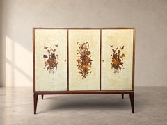Italian Parchment Sideboard or Bar Cabinet with Floral Inlays, Anzani, 1950s