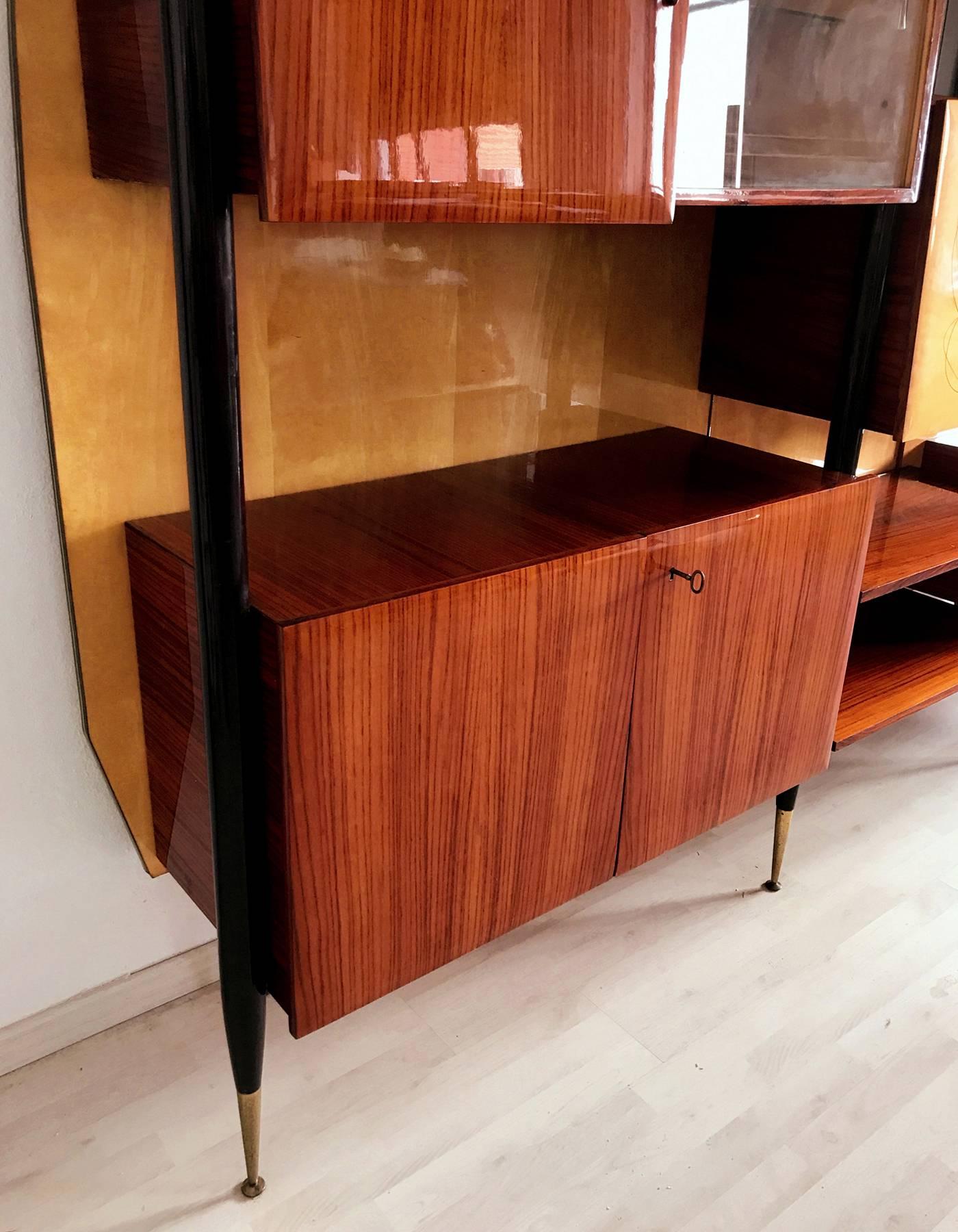 Brass Mid-Century Modern Italian Wall Unit Bookcase and Sideboard, 1950s