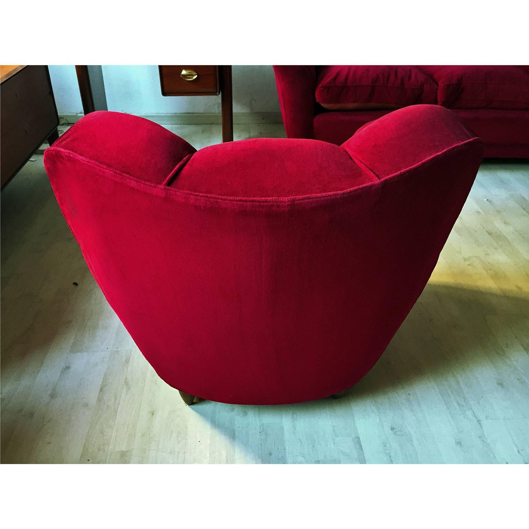 Mid-20th Century Italian Armchairs Red Velvet attributable to Guglielmo Ulrich, 1950s, Set of 2