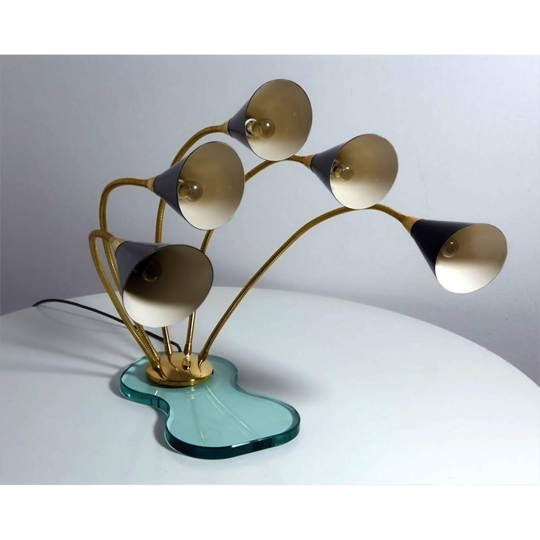Italian Mid-Century Stilnovo Style Table Lamp Five Light on Glass base, 1960s In Good Condition In Traversetolo, IT