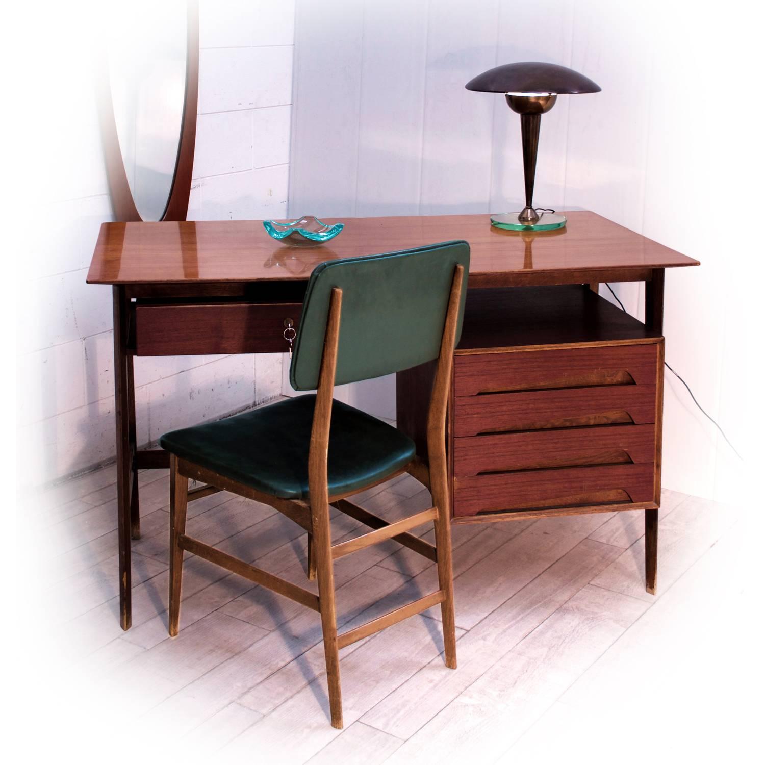 Veneer Italian Teak Wood Writing Desk and Chair by Vittorio Dassi with Palutari, 1950s