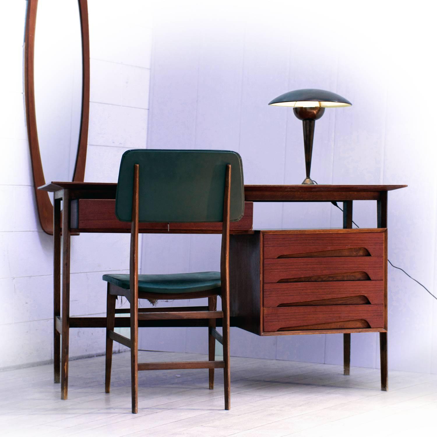 Mid-Century Modern Italian Teak Wood Writing Desk and Chair by Vittorio Dassi with Palutari, 1950s