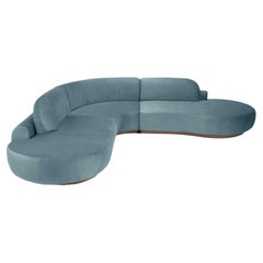 Canapé sectionnel à courbes nues, 3 pièces avec frêne de hêtre-056-1 et bleu foncé Paris