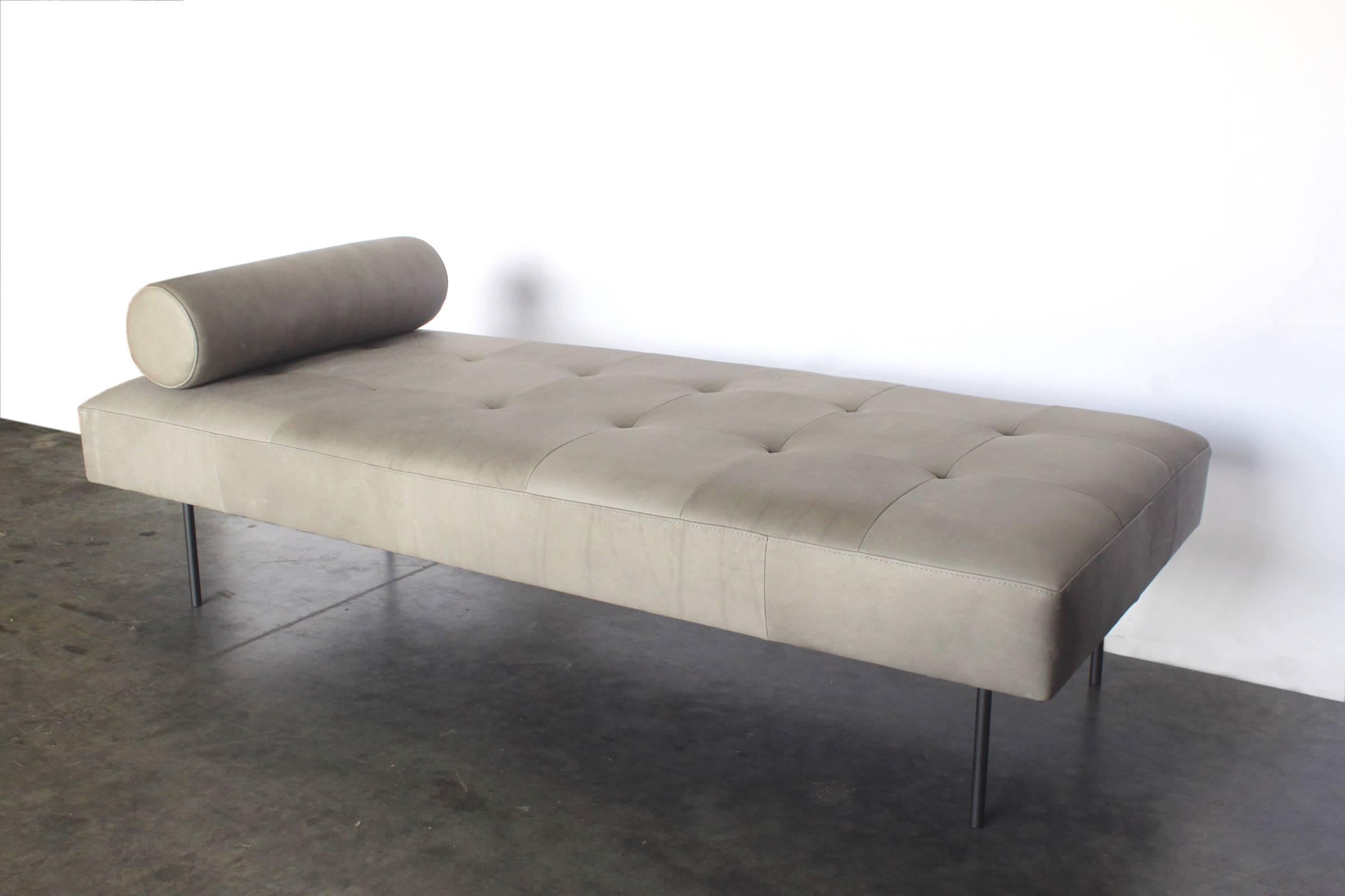 Modern Contemporary Goddard Bench in Gray Leather with Steel Legs For Sale