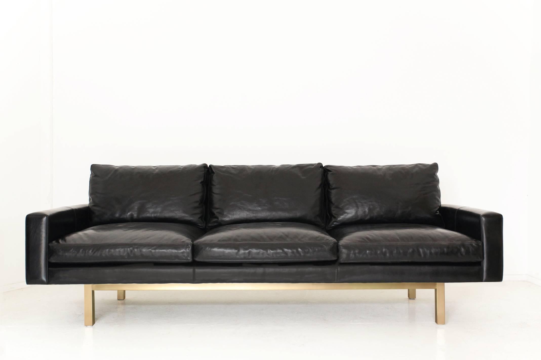Modern Contemporary Medium Standard Sofa in Caramel Leather with Walnut Base For Sale