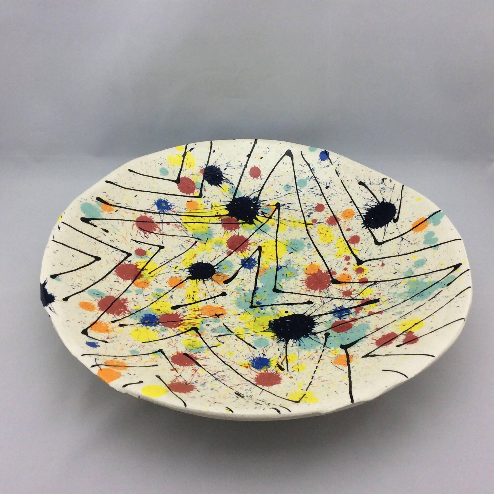 Large vintage handcrafted abstract pottery platter. Signed and dated 1972. Colorful and very unique. 
No known issues that would detract from value or aesthetics.