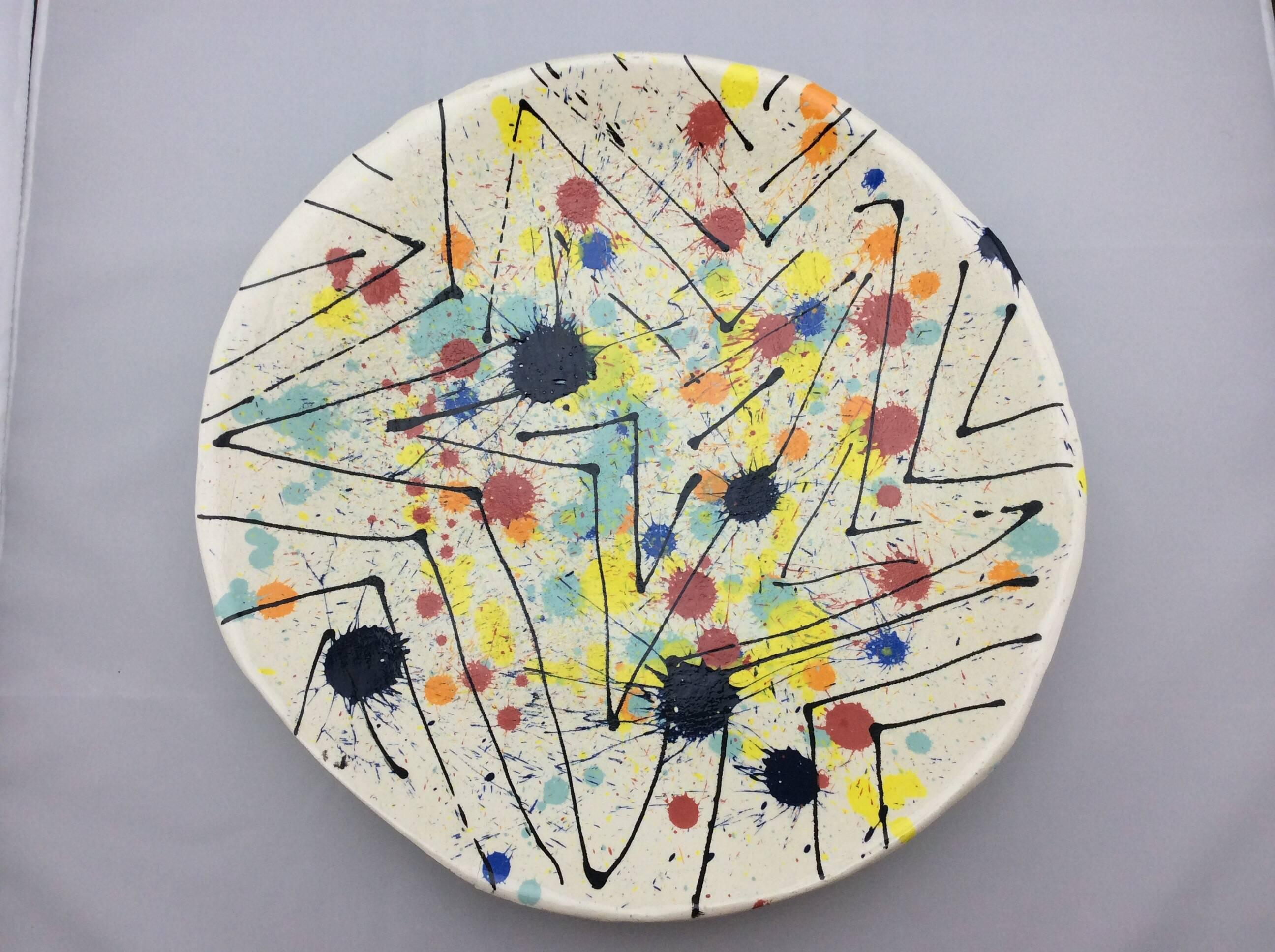 Large Vintage Abstract Studio Pottery Platter, Signed and Dated 1972 3