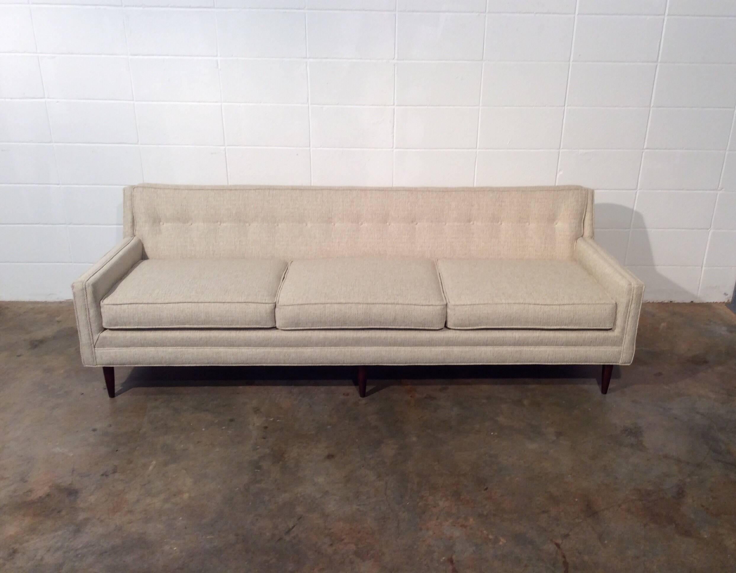 Completely restored Mid-Century Modern sofa. Restoration includes refinished legs, new foam, and new fabric. This sofa features frame mount legs (very sturdy), clean angular lines, new neutral revolution fabric. Excellent piece.
No known issues