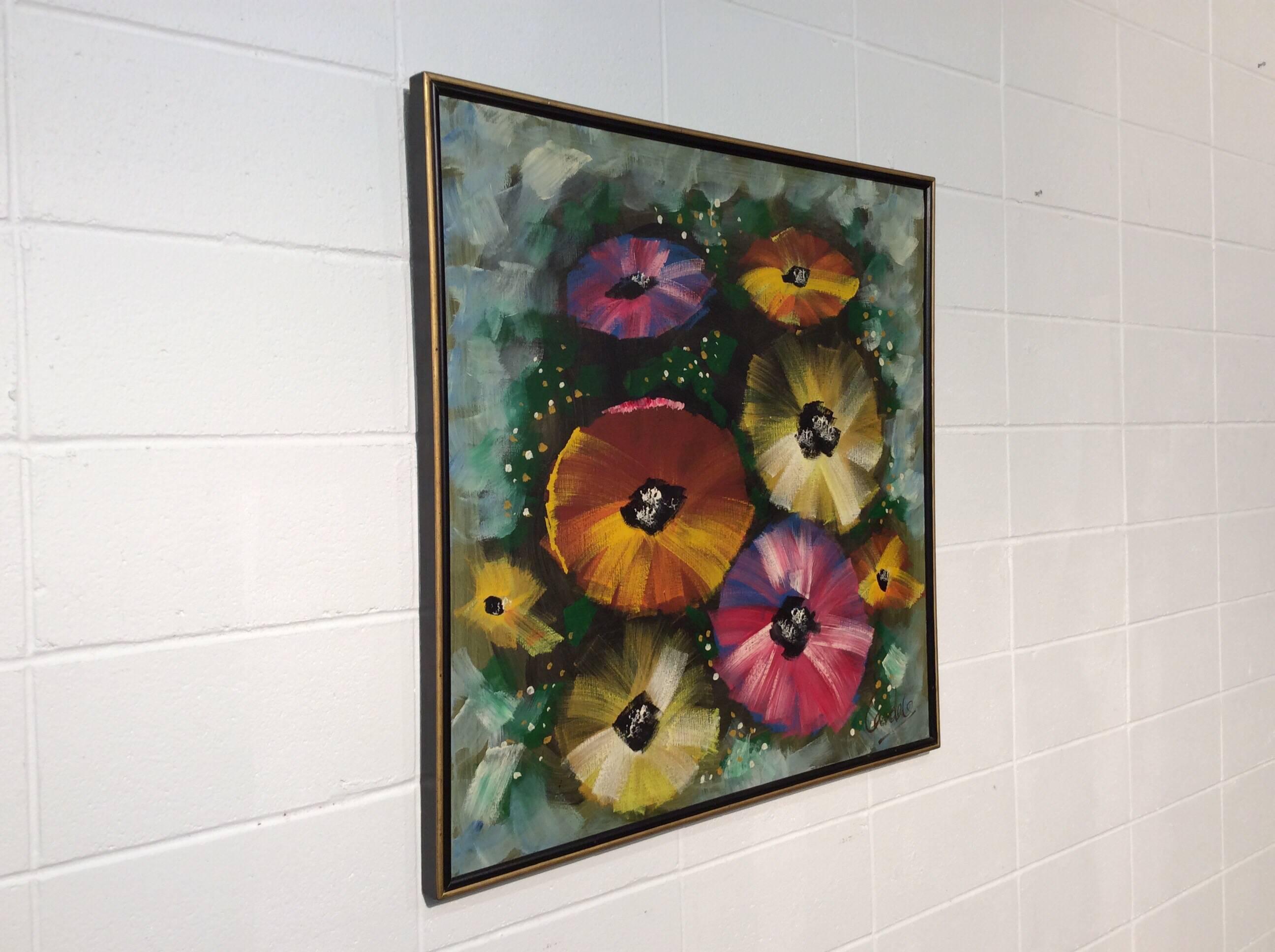 Midcentury abstract art depicting pansies. Bright and bold colors in this work of art really make it stand out. Signed in lower corner.
No known issues that work detract from value or aesthetics
Ready to hang.