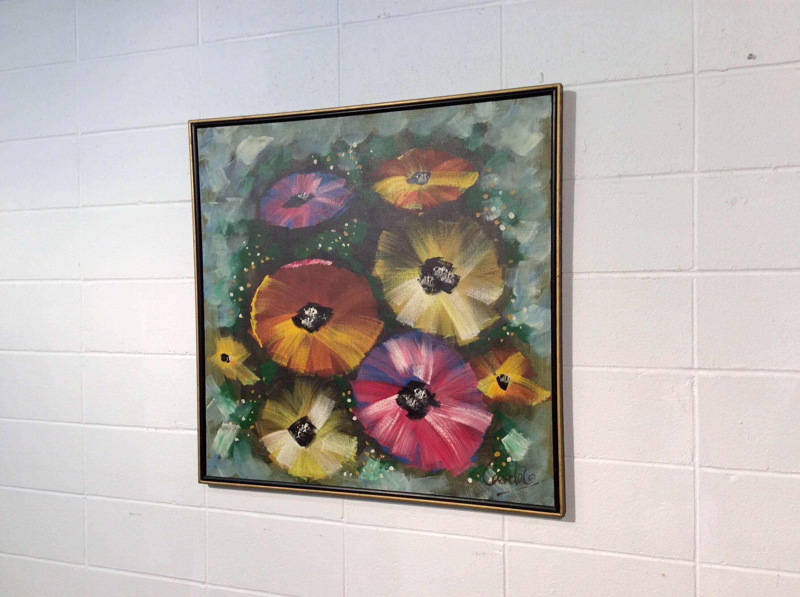 Midcentury Abstract Art on Canvas Depicting Pansies In Good Condition In Marietta, GA