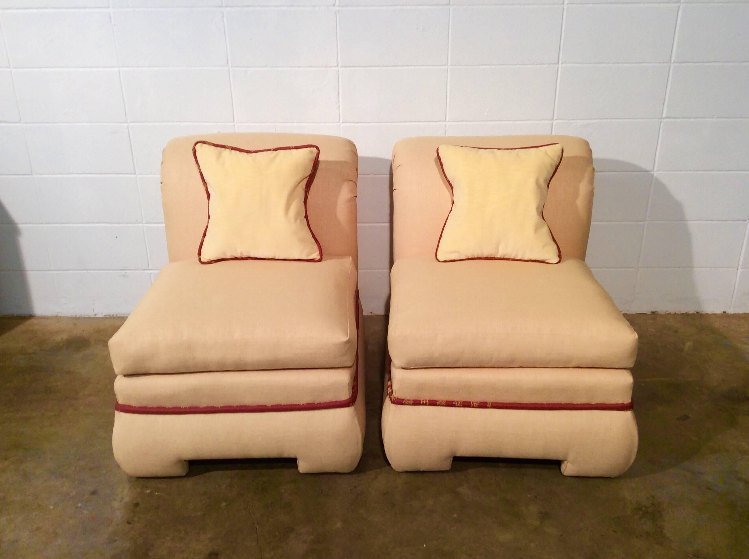 American Pair of Fully Upholstered Rolled Back Chairs by Vanguard Furniture